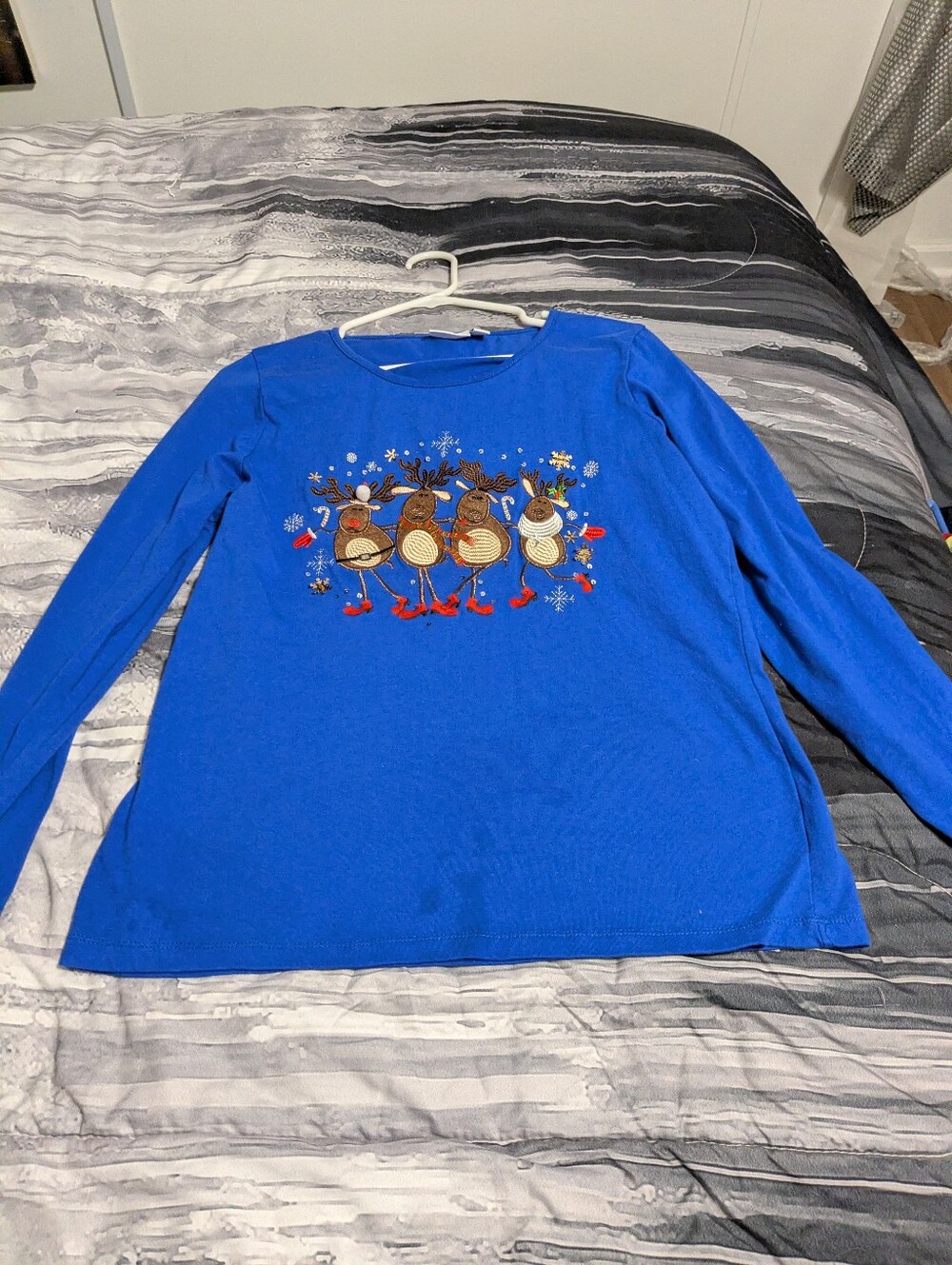 Blue Long-Sleeve Reindeer Holiday Top